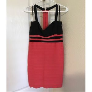 Black and Coral Strappy Bebe Dress